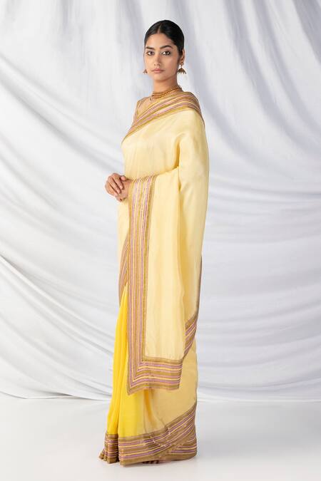 Latha Puttanna_Gold Crepe, Silk Sequins, Applique, Zari, Embroidery Ombre Saree With Blouse_Online_at_Aza_Fashions