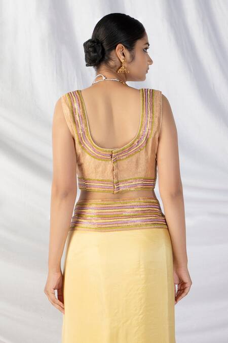 Shop_Latha Puttanna_Gold Crepe, Silk Sequins, Applique, Zari, Embroidery Ombre Saree With Blouse_Online_at_Aza_Fashions