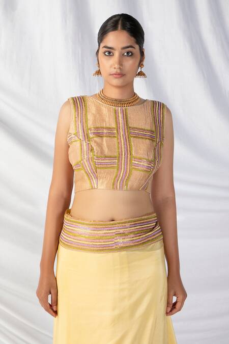 Latha Puttanna_Gold Crepe, Silk Sequins, Applique, Zari, Embroidery Ombre Saree With Blouse_at_Aza_Fashions