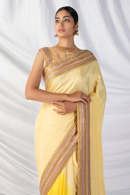 Buy_Latha Puttanna_Gold Crepe, Silk Sequins, Applique, Zari, Embroidery Ombre Saree With Blouse