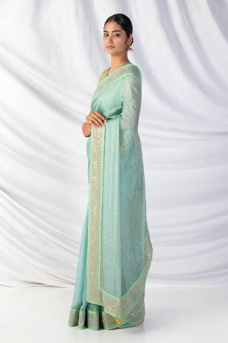 Latha Puttanna Mint Silk, Tissue Sequins, Zari, Embroidery Round Quad Thread Border Saree Set Online at Aza Fashions Latha Puttanna_Mint Silk, Tissue Sequins, Zari, Embroidery Round Quad Thread Border Saree Set_Online_at_Aza_Fashions