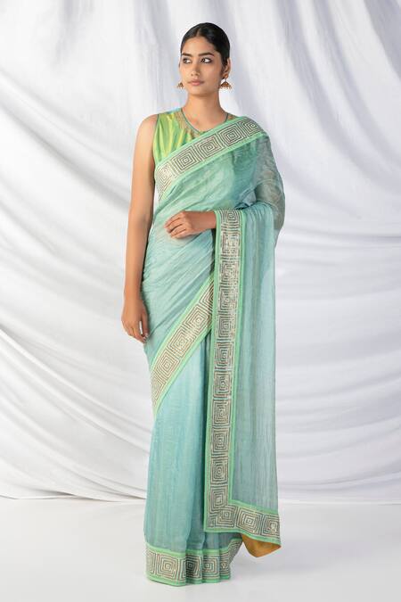 Buy Latha Puttanna Mint Silk, Tissue Sequins, Zari, Embroidery Round Quad Thread Border Saree Set Online at Aza Fashions Buy_Latha Puttanna_Mint Silk, Tissue Sequins, Zari, Embroidery Round Quad Thread Border Saree Set_Online_at_Aza_Fashions
