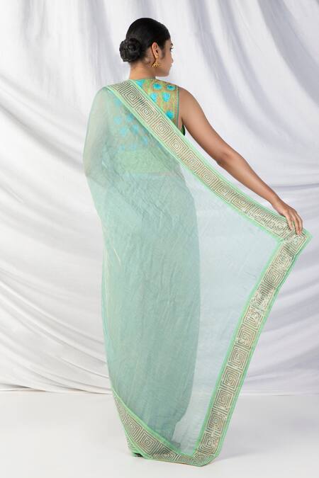Shop Latha Puttanna Mint Silk, Tissue Sequins, Zari, Embroidery Round Quad Thread Border Saree Set at Aza Fashions Shop_Latha Puttanna_Mint Silk, Tissue Sequins, Zari, Embroidery Round Quad Thread Border Saree Set_at_Aza_Fashions