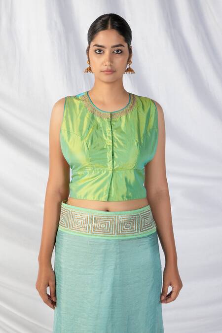 Shop Latha Puttanna Mint Silk, Tissue Sequins, Zari, Embroidery Round Quad Thread Border Saree Set Online at Aza Fashions Shop_Latha Puttanna_Mint Silk, Tissue Sequins, Zari, Embroidery Round Quad Thread Border Saree Set_Online_at_Aza_Fashions