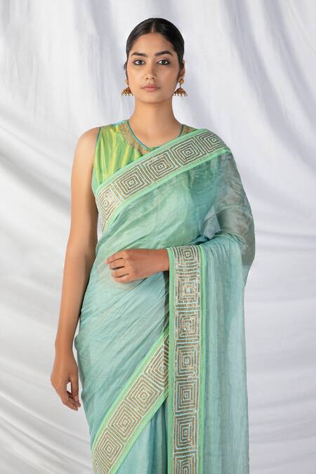 Latha Puttanna Mint Silk, Tissue Sequins, Zari, Embroidery Round Quad Thread Border Saree Set at Aza Fashions Latha Puttanna_Mint Silk, Tissue Sequins, Zari, Embroidery Round Quad Thread Border Saree Set_at_Aza_Fashions