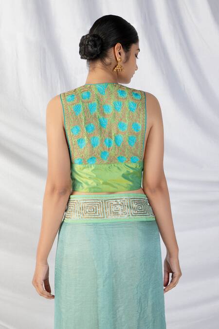 Buy Latha Puttanna Mint Silk, Tissue Sequins, Zari, Embroidery Round Quad Thread Border Saree Set Buy_Latha Puttanna_Mint Silk, Tissue Sequins, Zari, Embroidery Round Quad Thread Border Saree Set