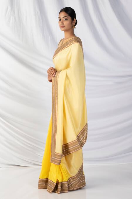 Latha Puttanna_Yellow Crepe, Silk Sequins, Zari, Applique Ombre Embroidered Saree With Blouse_Online_at_Aza_Fashions