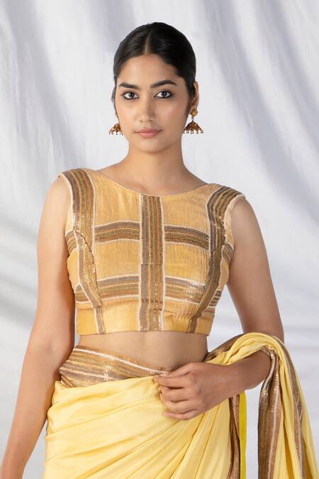 Buy_Latha Puttanna_Yellow Crepe, Silk Sequins, Zari, Applique Ombre Embroidered Saree With Blouse_Online_at_Aza_Fashions