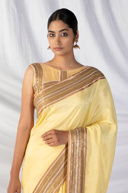 Shop_Latha Puttanna_Yellow Crepe, Silk Sequins, Zari, Applique Ombre Embroidered Saree With Blouse_Online_at_Aza_Fashions
