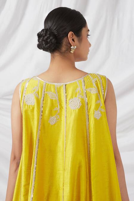 Latha Puttanna_Yellow Silk Pearls, Sequins, Embroidery Round Neck Rosa Bloom Aari Anarkali Set _Online_at_Aza_Fashions