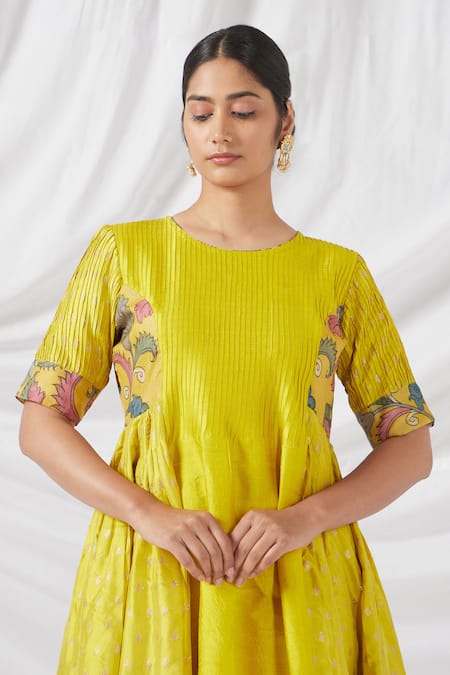Latha Puttanna Yellow Chiffon, , Chanderi Embroidery Kalamkari Print Anarkali Set at Aza Fashions Latha Puttanna_Yellow Chiffon, , Chanderi Embroidery Kalamkari Print Anarkali Set _at_Aza_Fashions