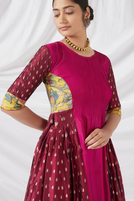 Latha Puttanna_Red Chanderi , Embroidery Round Neck Kalamkari Print Anarkali Set_Online_at_Aza_Fashions