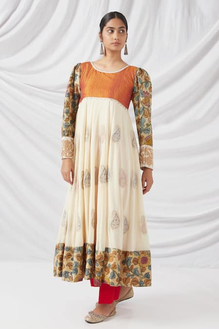 Latha Puttanna_Multi Color Georgette, Cotton Kalamkari Print And Paisley Work Anarkali Set _Online_at_Aza_Fashions