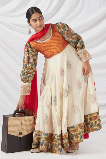 Buy_Latha Puttanna_Multi Color Georgette, Cotton Kalamkari Print And Paisley Work Anarkali Set _Online_at_Aza_Fashions