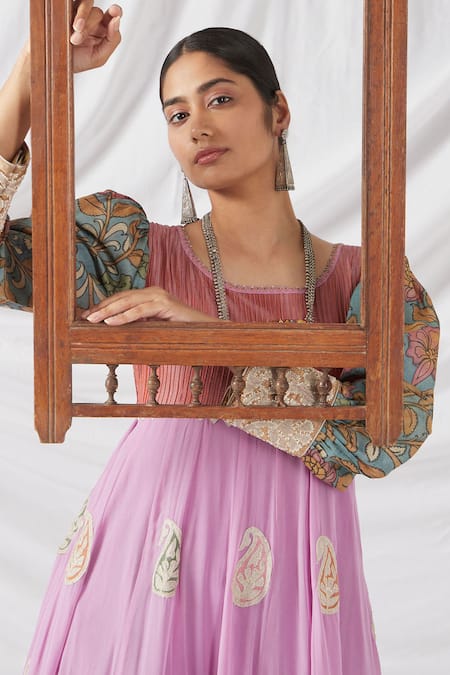 Latha Puttanna Purple Georgette, Silk Embroidery Round Neck Floral Kalamkari Anarkali Set Online at Aza Fashions Latha Puttanna_Purple Georgette, Silk Embroidery Round Neck Floral Kalamkari Anarkali Set _Online_at_Aza_Fashions