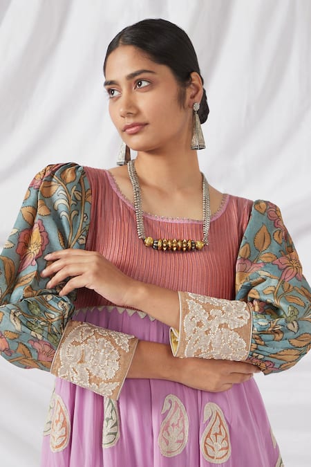 Buy Latha Puttanna Purple Georgette, Silk Embroidery Round Neck Floral Kalamkari Anarkali Set Online at Aza Fashions Buy_Latha Puttanna_Purple Georgette, Silk Embroidery Round Neck Floral Kalamkari Anarkali Set _Online_at_Aza_Fashions