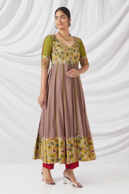 Latha Puttanna_Purple Georgette, Silk, Cotton Sequins, Zari Kalamkari Embroidered Anarkali Set _Online_at_Aza_Fashions
