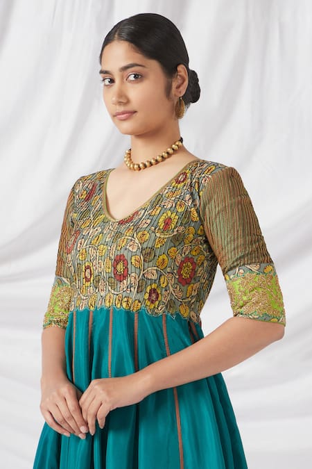 Buy_Latha Puttanna_Blue Silk Sequins, Zari V-neck Kalamkari Blossom Print Anarkali Set _Online_at_Aza_Fashions