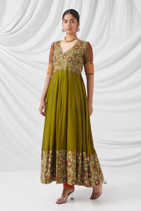 Latha Puttanna Green Georgette, Silk Sequins, Embroidery Kalamkari Flora Print Anarkali Set Online at Aza Fashions Latha Puttanna_Green Georgette, Silk Sequins, Embroidery Kalamkari Flora Print Anarkali Set _Online_at_Aza_Fashions