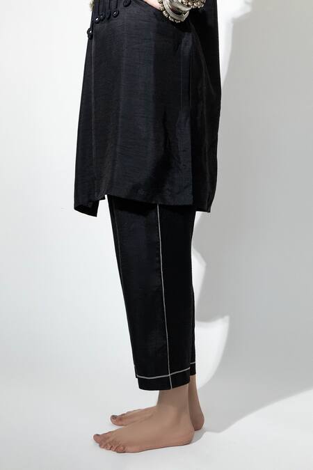 Shop_Anmol Kakad_Black Silk Mirrors, Embroidery V-neck Tassel Kurta And Pant Set_Online_at_Aza_Fashions