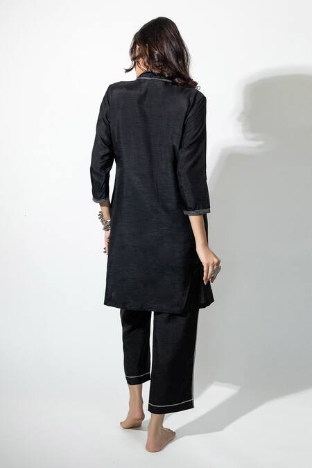 Shop_Anmol Kakad_Black Silk Mirrors, Embroidery V-neck Tassel Kurta And Pant Set_at_Aza_Fashions