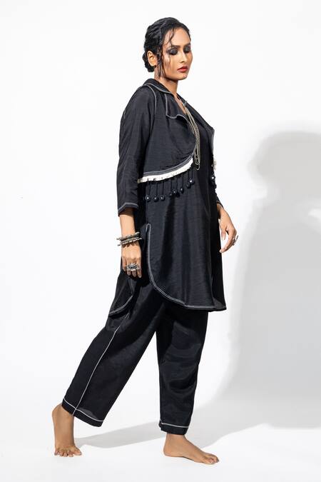 Anmol Kakad Black Silk Tassels, Mirrors Round Neck Embroidered Kurta Set With Jacket Online at Aza Fashions Anmol Kakad_Black Silk Tassels, Mirrors Round Neck Embroidered Kurta Set With Jacket_Online_at_Aza_Fashions