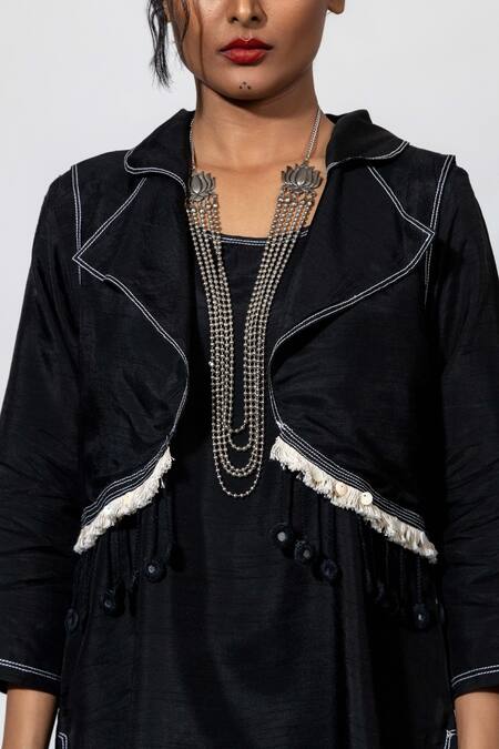 Shop Anmol Kakad Black Silk Tassels, Mirrors Round Neck Embroidered Kurta Set With Jacket Online at Aza Fashions Shop_Anmol Kakad_Black Silk Tassels, Mirrors Round Neck Embroidered Kurta Set With Jacket_Online_at_Aza_Fashions