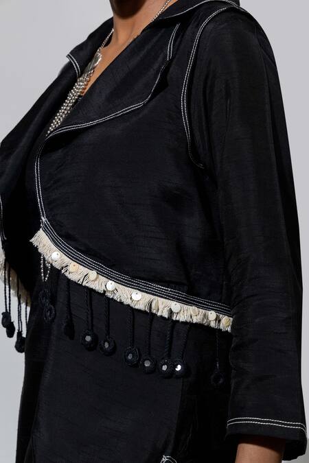 Anmol Kakad Black Silk Tassels, Mirrors Round Neck Embroidered Kurta Set With Jacket at Aza Fashions Anmol Kakad_Black Silk Tassels, Mirrors Round Neck Embroidered Kurta Set With Jacket_at_Aza_Fashions
