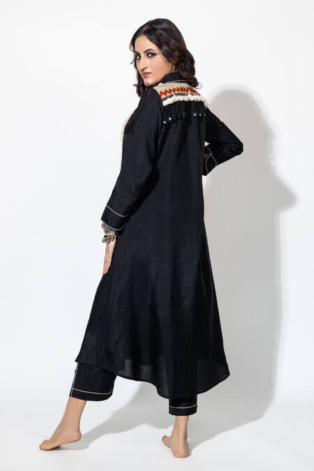 Anmol Kakad Black Silk Tassels Collared Embroidered Kurta And Pant Set Online at Aza Fashions Anmol Kakad_Black Silk Tassels Collared Embroidered Kurta And Pant Set_Online_at_Aza_Fashions