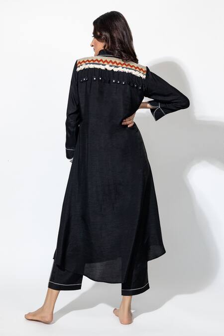 Shop Anmol Kakad Black Silk Tassels Collared Embroidered Kurta And Pant Set at Aza Fashions Shop_Anmol Kakad_Black Silk Tassels Collared Embroidered Kurta And Pant Set_at_Aza_Fashions
