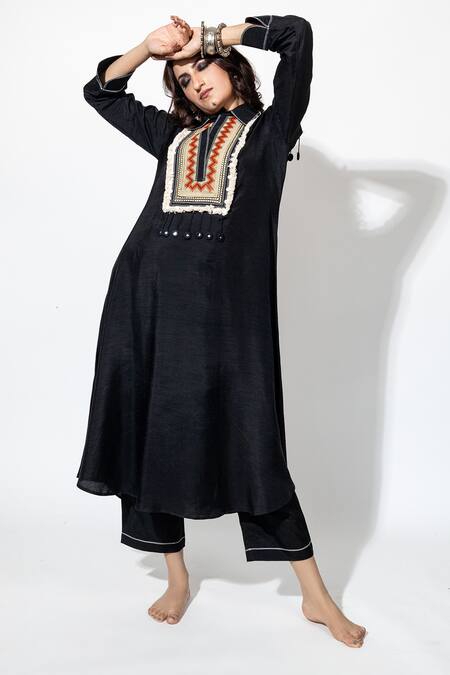 Buy Anmol Kakad Black Silk Tassels Collared Embroidered Kurta And Pant Set Online at Aza Fashions Buy_Anmol Kakad_Black Silk Tassels Collared Embroidered Kurta And Pant Set_Online_at_Aza_Fashions