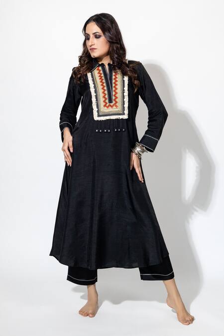 Shop Anmol Kakad Black Silk Tassels Collared Embroidered Kurta And Pant Set Online at Aza Fashions Shop_Anmol Kakad_Black Silk Tassels Collared Embroidered Kurta And Pant Set_Online_at_Aza_Fashions