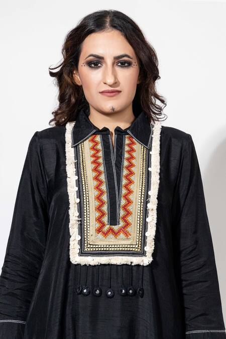 Anmol Kakad Black Silk Tassels Collared Embroidered Kurta And Pant Set at Aza Fashions Anmol Kakad_Black Silk Tassels Collared Embroidered Kurta And Pant Set_at_Aza_Fashions