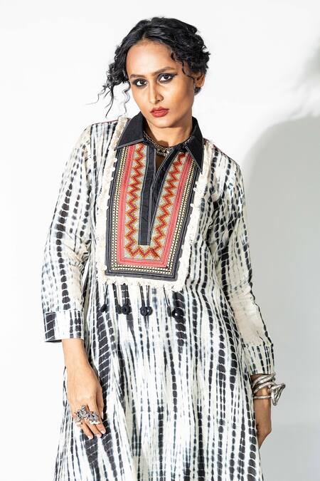 Shop Anmol Kakad Black Cotton, Silk Mirrors, Embroidery Collared Tie-dye Kurta And Pant Set Online at Aza Fashions Shop_Anmol Kakad_Black Cotton, Silk Mirrors, Embroidery Collared Tie-dye Kurta And Pant Set_Online_at_Aza_Fashions