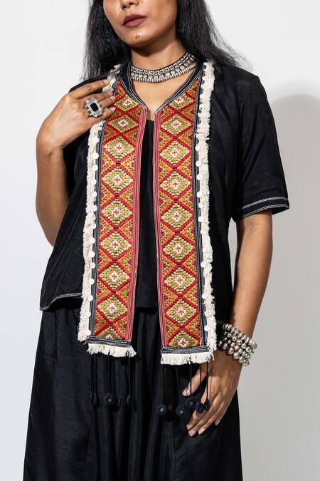 Anmol Kakad_Black Silk Mirrors, Embroidery Open Neck Jacket And Pant Set_Online_at_Aza_Fashions