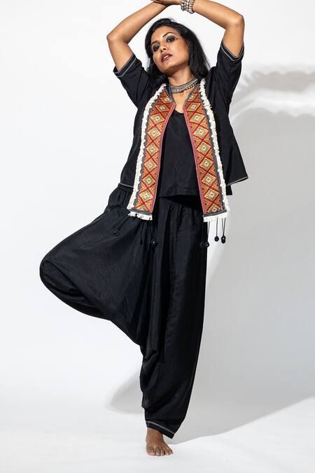 Shop_Anmol Kakad_Black Silk Mirrors, Embroidery Open Neck Jacket And Pant Set_Online_at_Aza_Fashions
