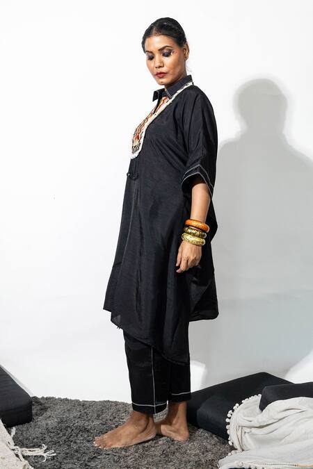 Anmol Kakad Black Silk Mirrors, Embroidery Collared Kaftan And Pant Set Online at Aza Fashions Anmol Kakad_Black Silk Mirrors, Embroidery Collared Kaftan And Pant Set_Online_at_Aza_Fashions