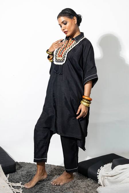 Buy Anmol Kakad Black Silk Mirrors, Embroidery Collared Kaftan And Pant Set Online at Aza Fashions Buy_Anmol Kakad_Black Silk Mirrors, Embroidery Collared Kaftan And Pant Set_Online_at_Aza_Fashions