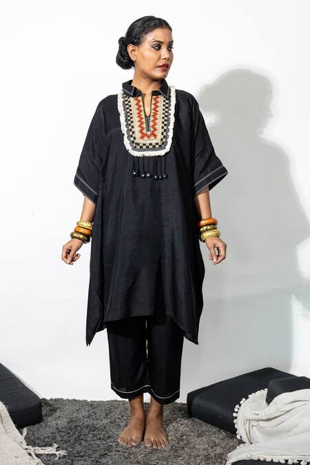 Shop Anmol Kakad Black Silk Mirrors, Embroidery Collared Kaftan And Pant Set Online at Aza Fashions Shop_Anmol Kakad_Black Silk Mirrors, Embroidery Collared Kaftan And Pant Set_Online_at_Aza_Fashions