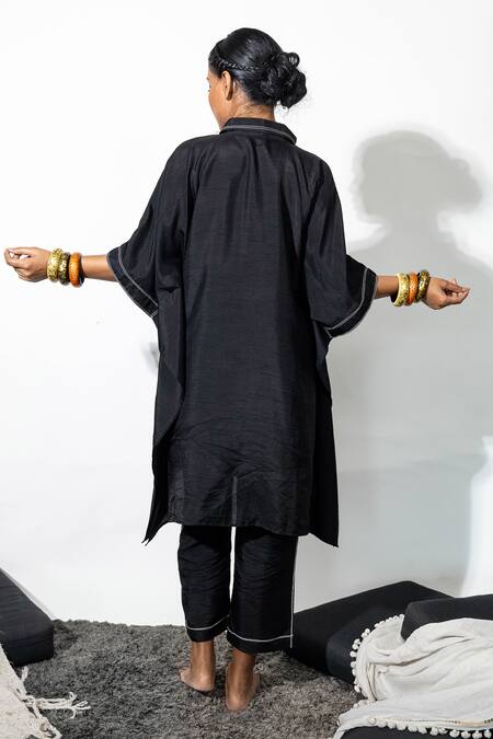 Shop Anmol Kakad Black Silk Mirrors, Embroidery Collared Kaftan And Pant Set at Aza Fashions Shop_Anmol Kakad_Black Silk Mirrors, Embroidery Collared Kaftan And Pant Set_at_Aza_Fashions