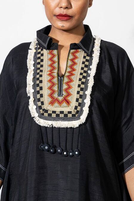 Anmol Kakad Black Silk Mirrors, Embroidery Collared Kaftan And Pant Set at Aza Fashions Anmol Kakad_Black Silk Mirrors, Embroidery Collared Kaftan And Pant Set_at_Aza_Fashions