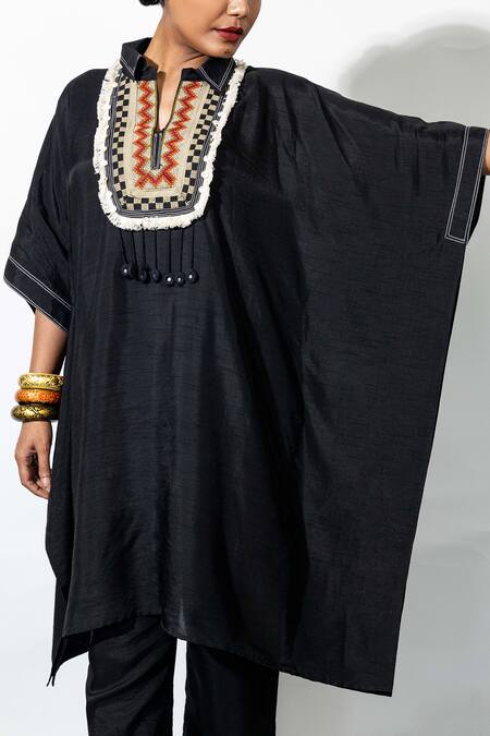 Buy Anmol Kakad Black Silk Mirrors, Embroidery Collared Kaftan And Pant Set Buy_Anmol Kakad_Black Silk Mirrors, Embroidery Collared Kaftan And Pant Set