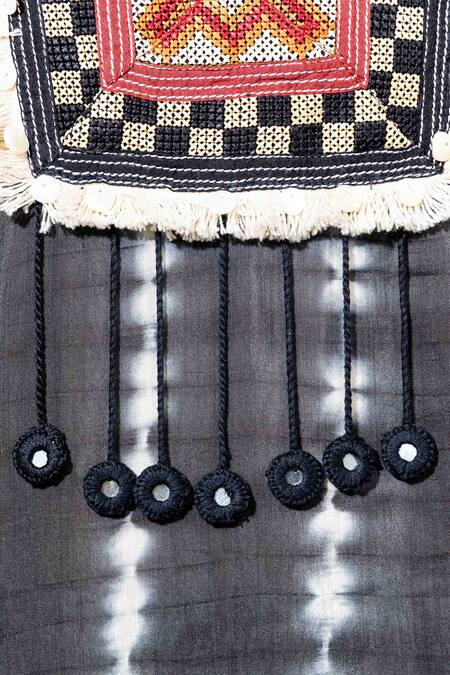 Anmol Kakad_Black Cotton, Silk Tassels Collared Tie-dye Embroidered Kaftan And Pant Set_at_Aza_Fashions
