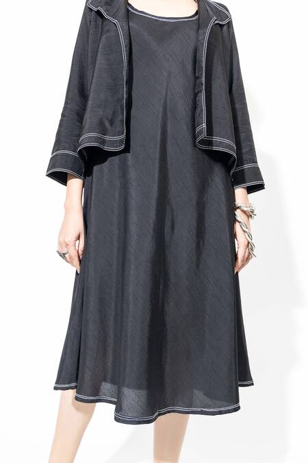 Anmol Kakad_Black Silk Embroidery, Tassels Round Neck, Collared Midi Dress And Jacket_Online_at_Aza_Fashions