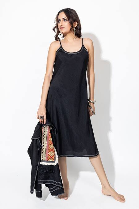 Buy_Anmol Kakad_Black Silk Embroidery, Tassels Round Neck, Collared Midi Dress And Jacket_Online_at_Aza_Fashions