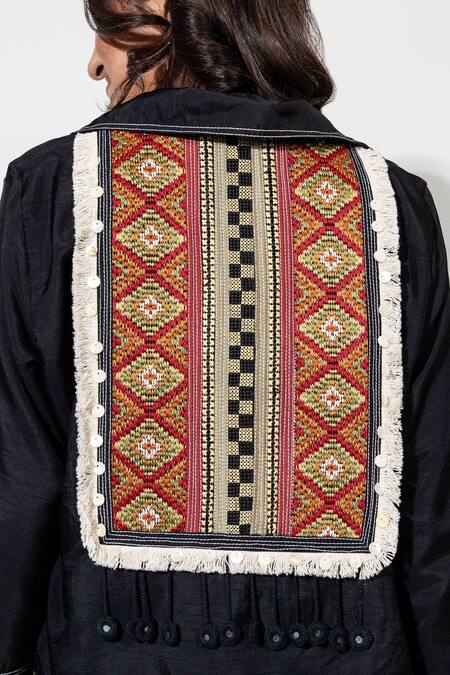 Buy_Anmol Kakad_Black Silk Embroidery, Tassels Round Neck, Collared Midi Dress And Jacket
