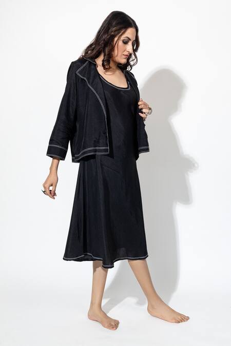 Shop_Anmol Kakad_Black Silk Embroidery, Tassels Round Neck, Collared Midi Dress And Jacket