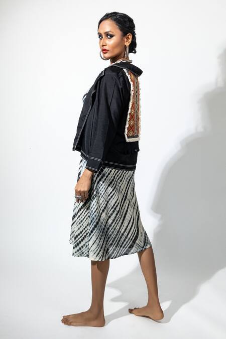 Anmol Kakad_Black Cotton, Silk Pom-poms, Tassels And White Tie-dye Midi Dress & Jacket Set_Online_at_Aza_Fashions