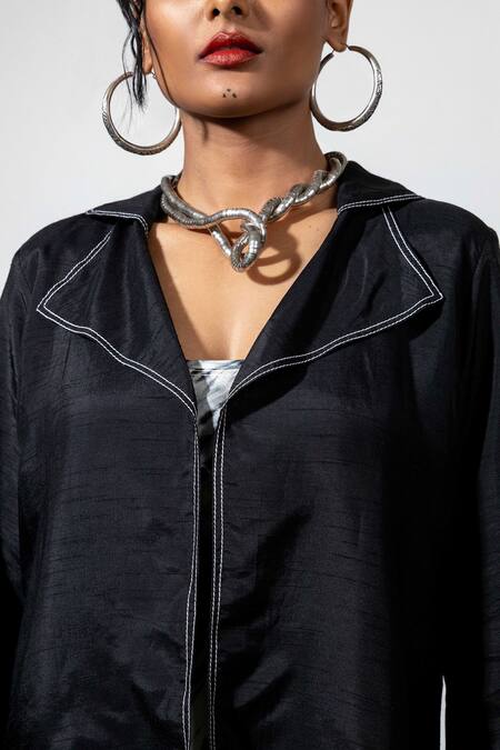 Buy_Anmol Kakad_Black Cotton, Silk Pom-poms, Tassels And White Tie-dye Midi Dress & Jacket Set_Online_at_Aza_Fashions