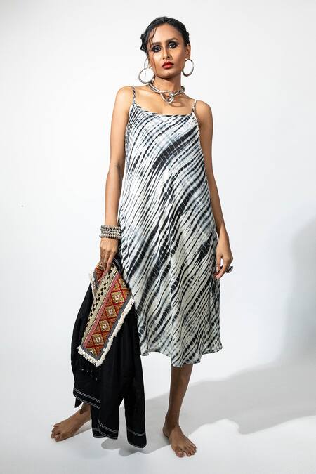 Anmol Kakad_Black Cotton, Silk Pom-poms, Tassels And White Tie-dye Midi Dress & Jacket Set_at_Aza_Fashions